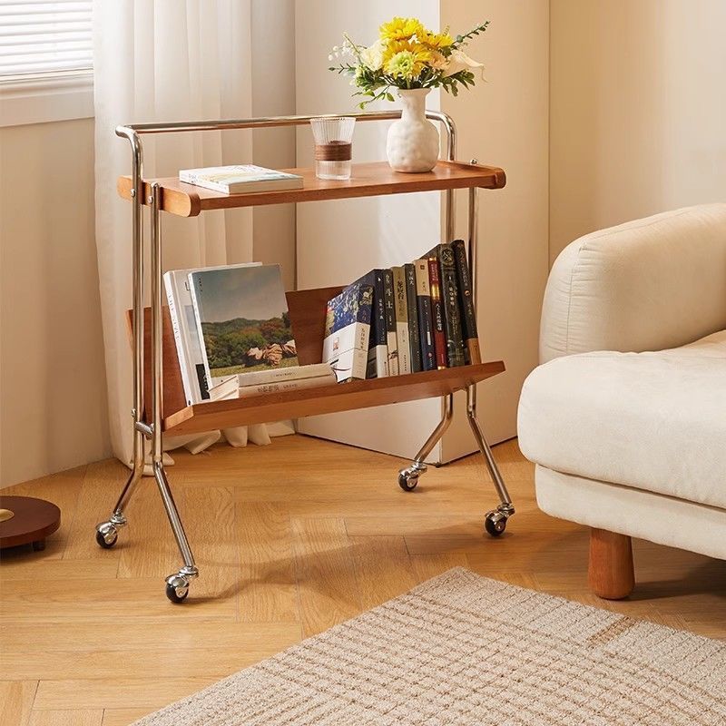 Modern Minimalist Rectangular Stainless Steel Rubberwood Movable End Table 2-Tier For Living Room
