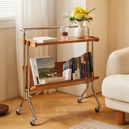 Modern Minimalist Rectangular Stainless Steel Rubberwood Movable End Table 2-Tier For Living Room