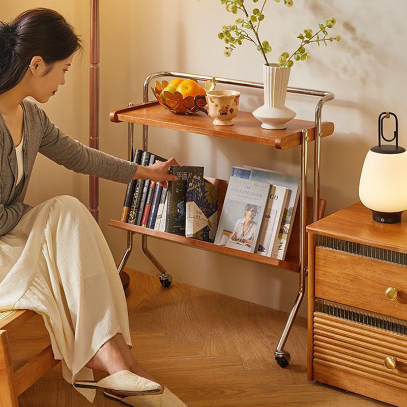 Modern Minimalist Rectangular Stainless Steel Rubberwood Movable End Table 2-Tier For Living Room