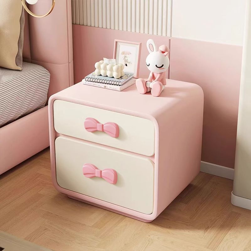 Modern Art Deco Rectangular Bowknot Plywood Cat-Scratch Leather MDF Kids Nightstand 2-Drawer For Bedroom