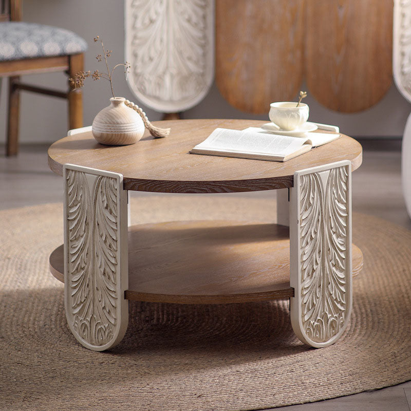 Traditional European Carved Round Pine Wood MDF Coffee Table 2-Tier For Living Room