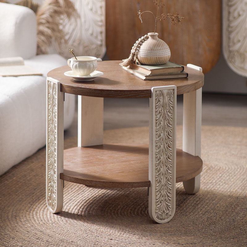 Traditional European Carved Round Pine Wood MDF Coffee Table 2-Tier For Living Room