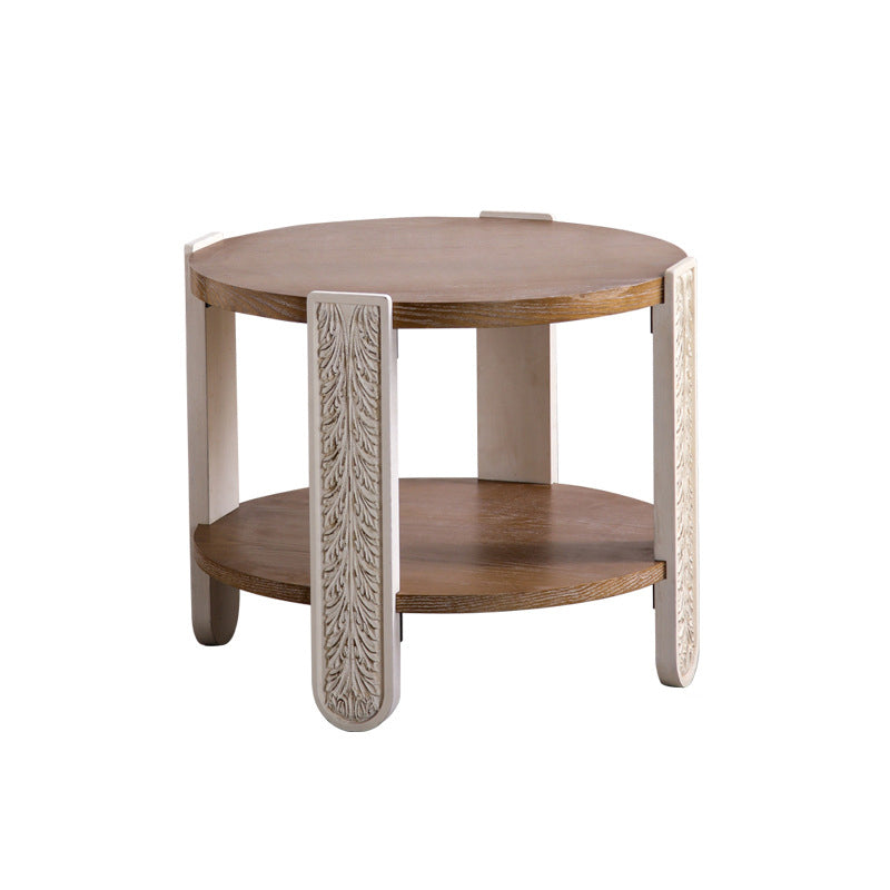 Traditional European Carved Round Pine Wood MDF Coffee Table 2-Tier For Living Room