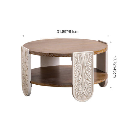 Traditional European Carved Round Pine Wood MDF Coffee Table 2-Tier For Living Room