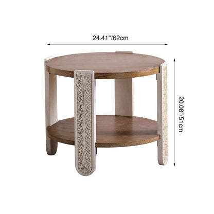 Traditional European Carved Round Pine Wood MDF Coffee Table 2-Tier For Living Room