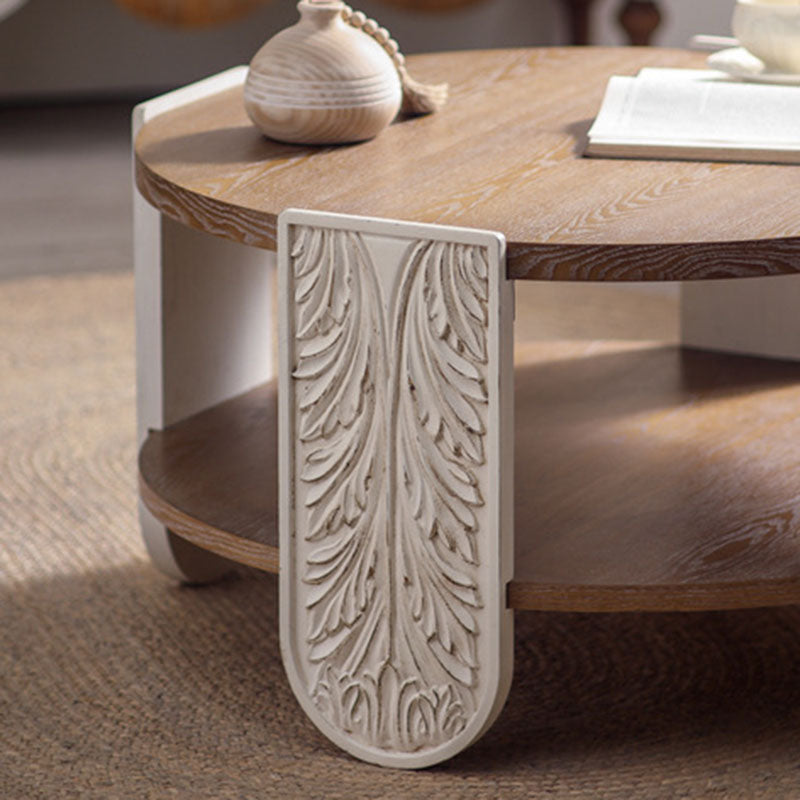 Traditional European Carved Round Pine Wood MDF Coffee Table 2-Tier For Living Room
