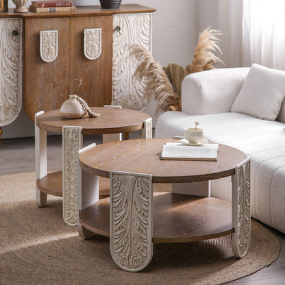 Traditional European Carved Round Pine Wood MDF Coffee Table 2-Tier For Living Room