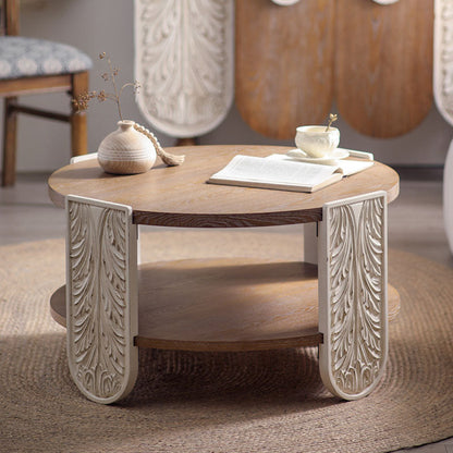 Traditional European Carved Round Pine Wood MDF Coffee Table 2-Tier For Living Room
