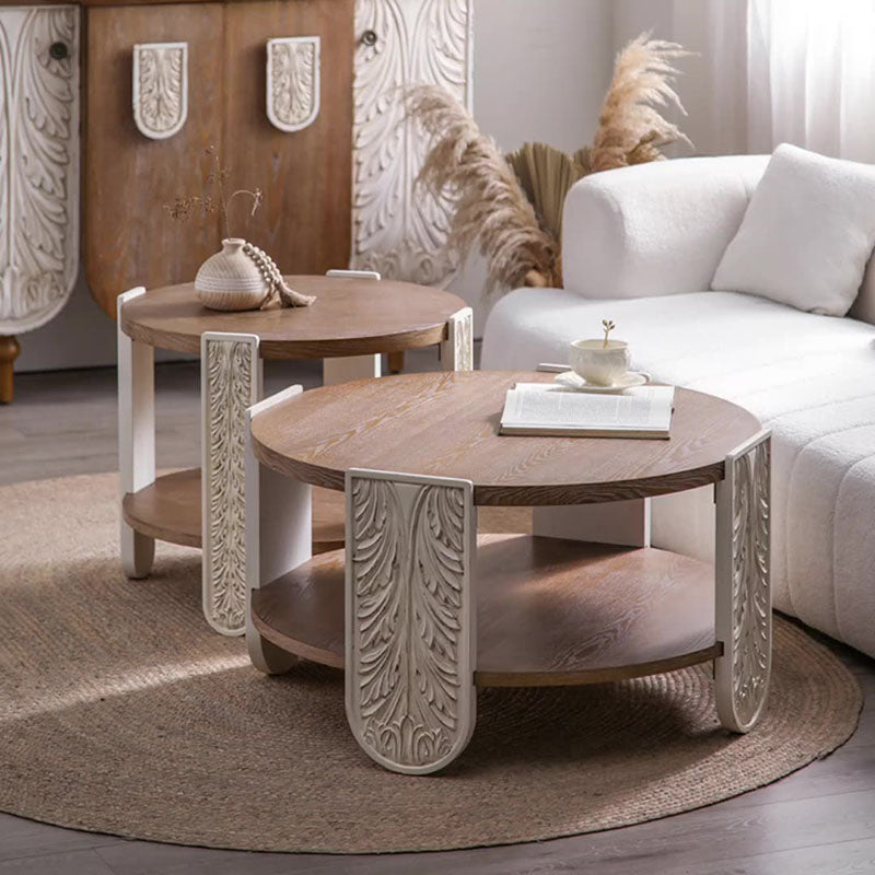 Traditional European Carved Round Pine Wood MDF Coffee Table 2-Tier For Living Room