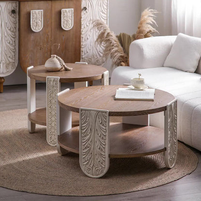 Traditional European Carved Round Pine Wood MDF Coffee Table 2-Tier For Living Room