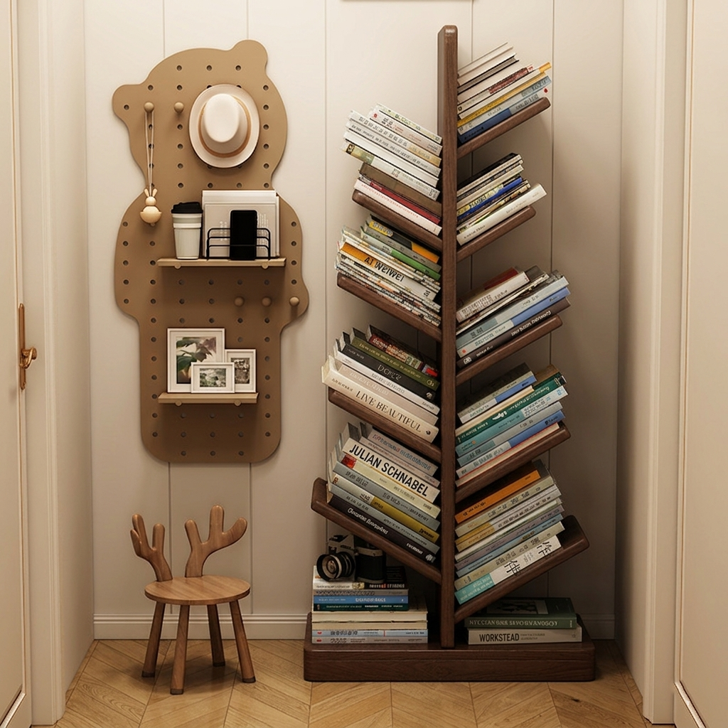 Contemporary Creative Large Capacity Christmas Tree Rubberwood Floor-Standing Bookshelf 8-Shelf For Study