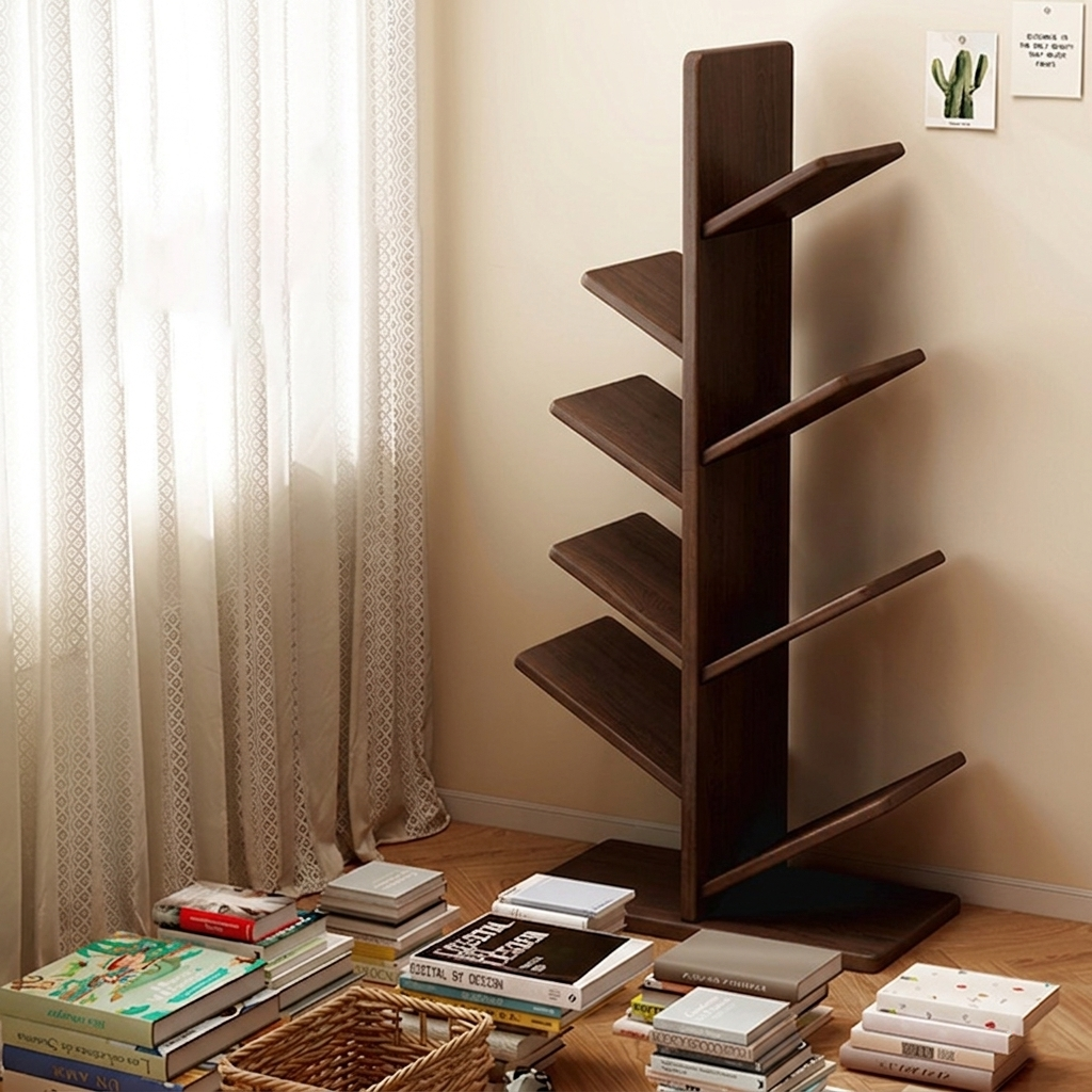 Contemporary Creative Large Capacity Christmas Tree Rubberwood Floor-Standing Bookshelf 8-Shelf For Study