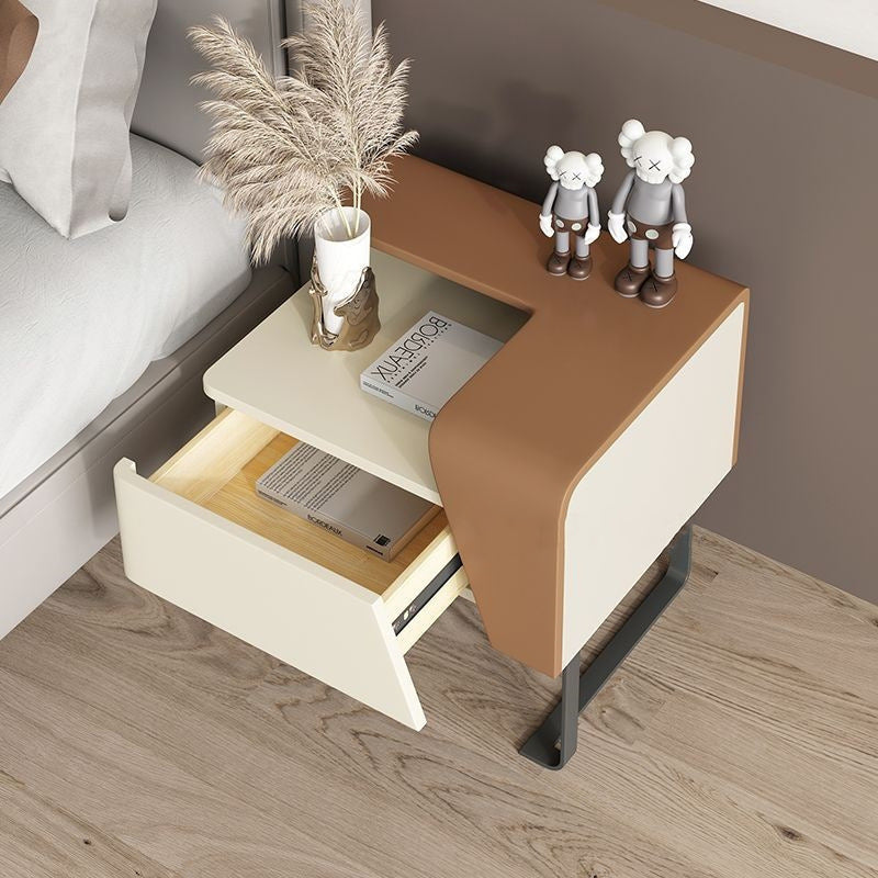 Contemporary Nordic Rectangular Carbon Steel Engineered Wood MDF Nightstand 1-Drawer For Bedroom