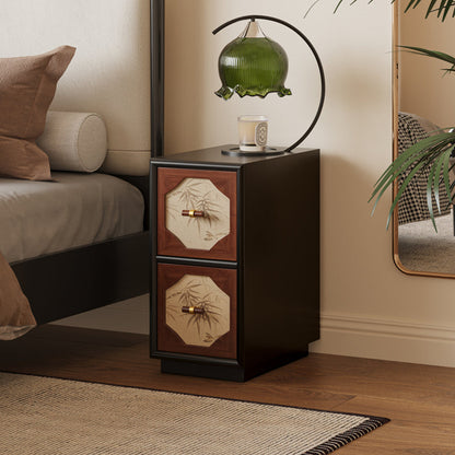 Traditional Chinese Narrow Rectangular Plywood Pine Wood Nightstand 2-Drawer For Bedroom