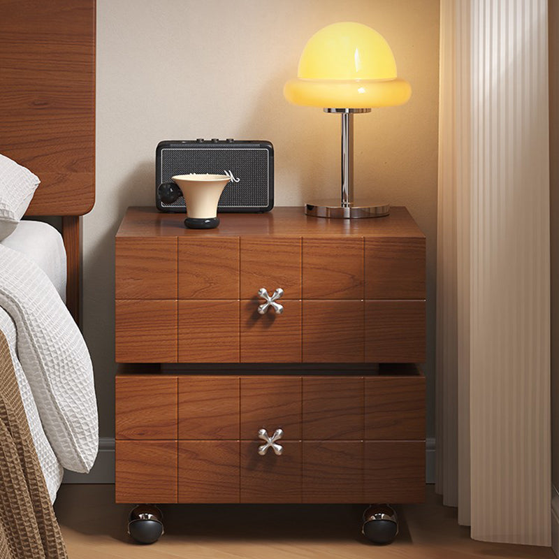 Traditional Vintage Rotatable Rectangular Pine Wood Plywood Stainless Steel Movable Nightstand 2-Drawer For Bedroom