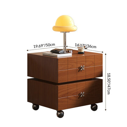 Traditional Vintage Rotatable Rectangular Pine Wood Plywood Stainless Steel Movable Nightstand 2-Drawer For Bedroom
