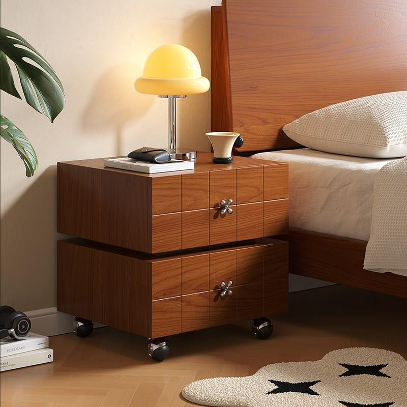 Traditional Vintage Rotatable Rectangular Pine Wood Plywood Stainless Steel Movable Nightstand 2-Drawer For Bedroom