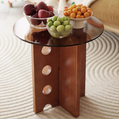 Traditional Vintage Round Solid Wood Glass Coffee Table 1-Tier For Living Room