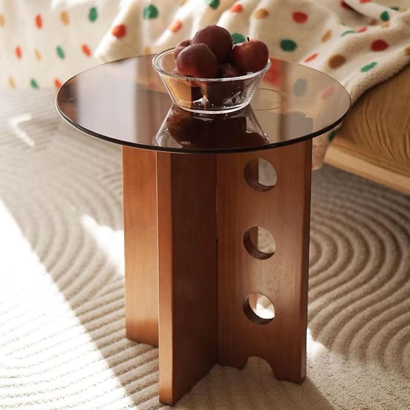 Traditional Vintage Round Solid Wood Glass Coffee Table 1-Tier For Living Room