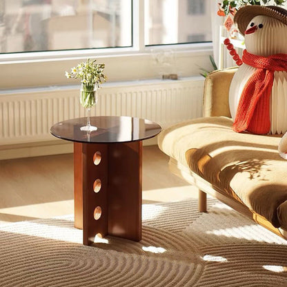 Traditional Vintage Round Solid Wood Glass Coffee Table 1-Tier For Living Room