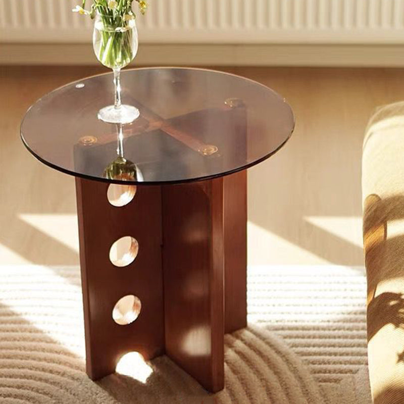 Traditional Vintage Round Solid Wood Glass Coffee Table 1-Tier For Living Room