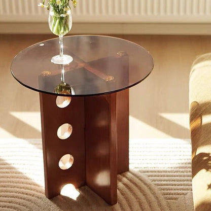 Traditional Vintage Round Solid Wood Glass Coffee Table 1-Tier For Living Room