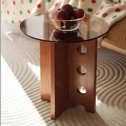 Traditional Vintage Round Solid Wood Glass Coffee Table 1-Tier For Living Room