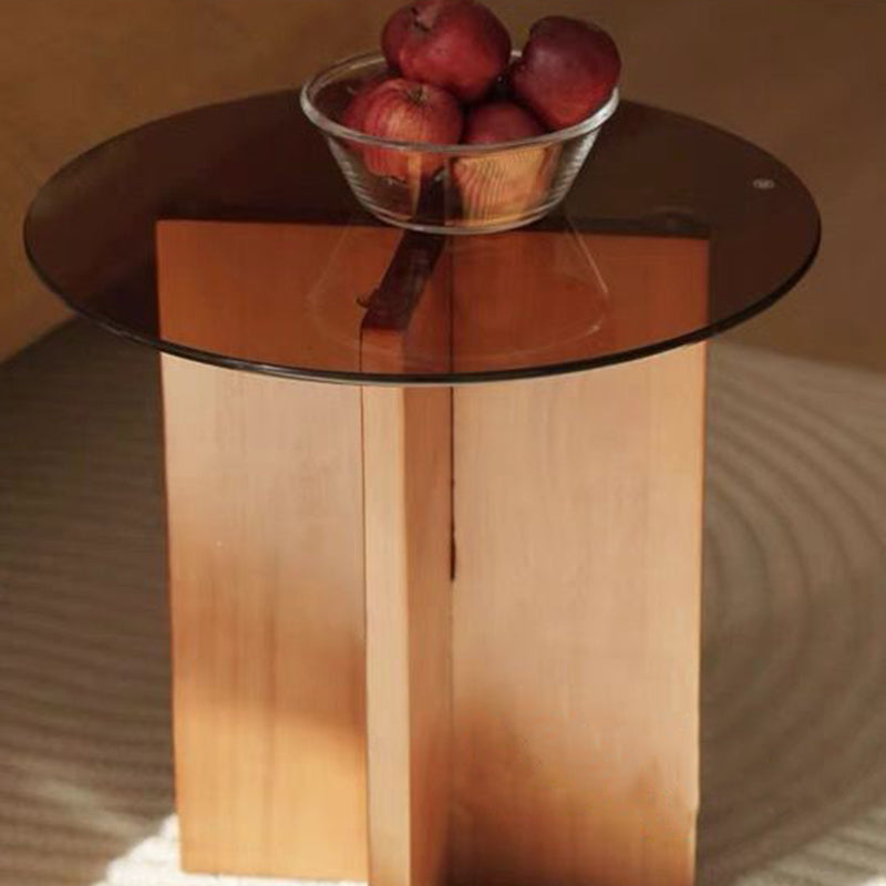 Traditional Vintage Round Solid Wood Glass Coffee Table 1-Tier For Living Room