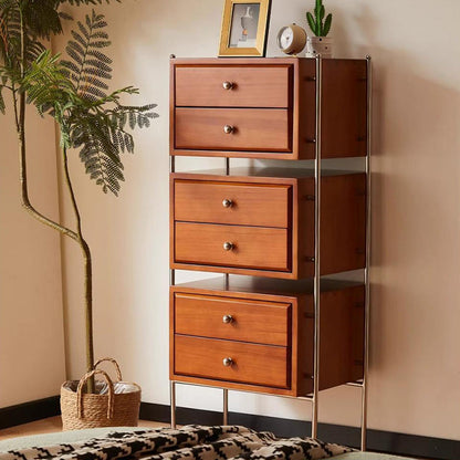 Contemporary Retro Rectangular Stainless Steel Rubberwood Pine Wood Cherry Wood Storage Cabinet 6-Drawer For Living Room