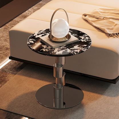 Contemporary Industrial Round & Misaligned Cylinder Stainless Steel Marble Coffee Table 1-Tier For Living Room