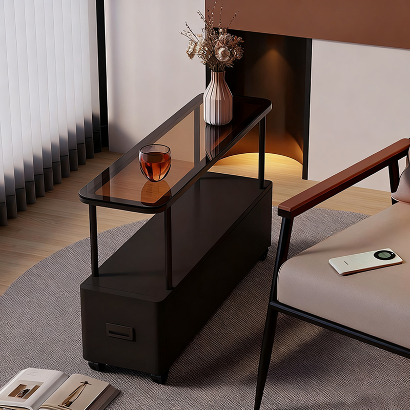 Modern Minimalist Ultra-Narrow Rectangular Tempered Glass Metal Particle Board Movable End Table 1-Drawer For Bedroom