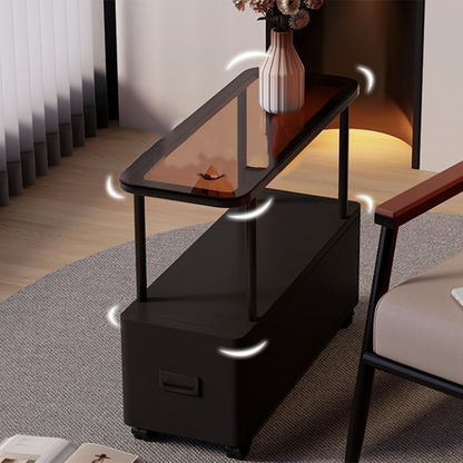 Modern Minimalist Ultra-Narrow Rectangular Tempered Glass Metal Particle Board Movable End Table 1-Drawer For Bedroom