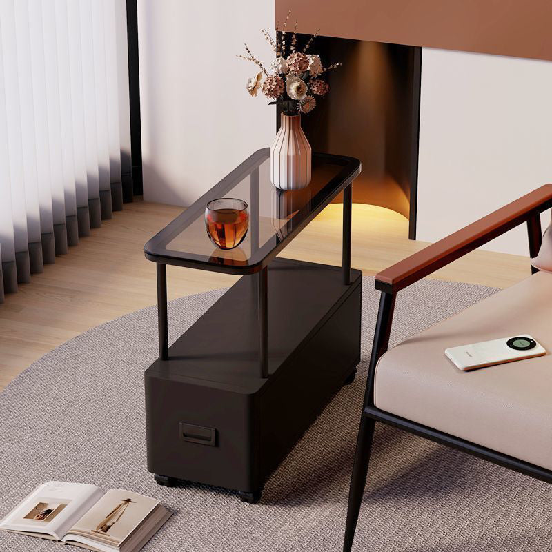 Modern Minimalist Ultra-Narrow Rectangular Tempered Glass Metal Particle Board Movable End Table 1-Drawer For Bedroom