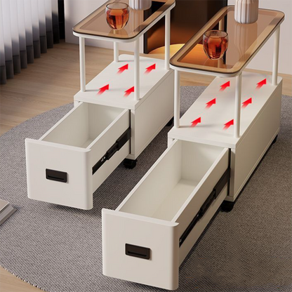 Modern Minimalist Ultra-Narrow Rectangular Tempered Glass Metal Particle Board Movable End Table 1-Drawer For Bedroom