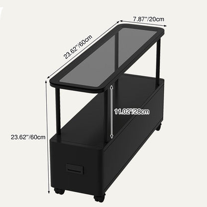 Modern Minimalist Ultra-Narrow Rectangular Tempered Glass Metal Particle Board Movable End Table 1-Drawer For Bedroom