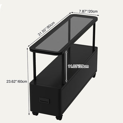 Modern Minimalist Ultra-Narrow Rectangular Tempered Glass Metal Particle Board Movable End Table 1-Drawer For Bedroom