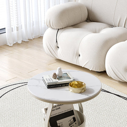 Modern Minimalist Round Rock Slab Glass Iron End Table 1-Basket For Living Room