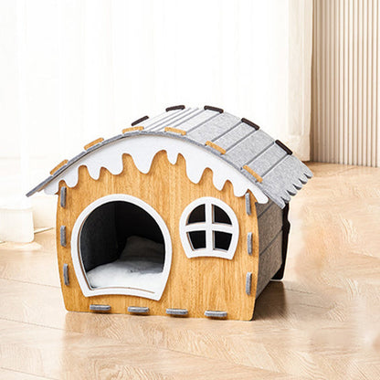Traditional Rustic Hard-Wearing Log Cabin Felt & MDF Cat Beds 1-Tier For Living Room