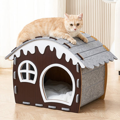 Traditional Rustic Hard-Wearing Log Cabin Felt & MDF Cat Beds 1-Tier For Living Room