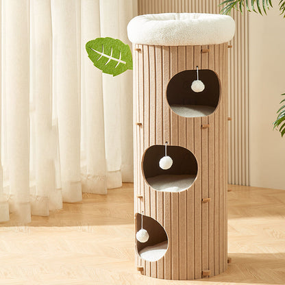 Traditional Rustic Cylindrical Tree Hole Felt Sherpa Fleece & MDF Cat Tower 2/3-Hole For Living Room