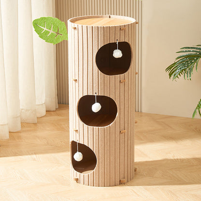 Traditional Rustic Cylindrical Tree Hole Felt Sherpa Fleece & MDF Cat Tower 2/3-Hole For Living Room