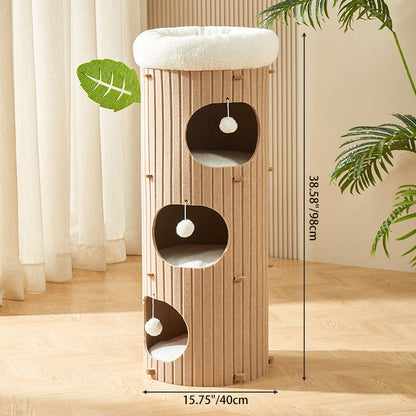 Traditional Rustic Cylindrical Tree Hole Felt Sherpa Fleece & MDF Cat Tower 2/3-Hole For Living Room