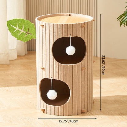 Traditional Rustic Cylindrical Tree Hole Felt Sherpa Fleece & MDF Cat Tower 2/3-Hole For Living Room