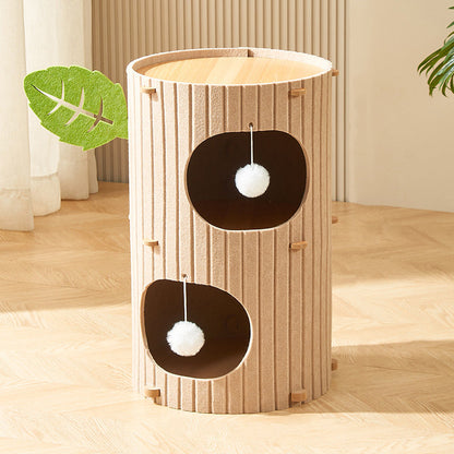 Traditional Rustic Cylindrical Tree Hole Felt Sherpa Fleece & MDF Cat Tower 2/3-Hole For Living Room