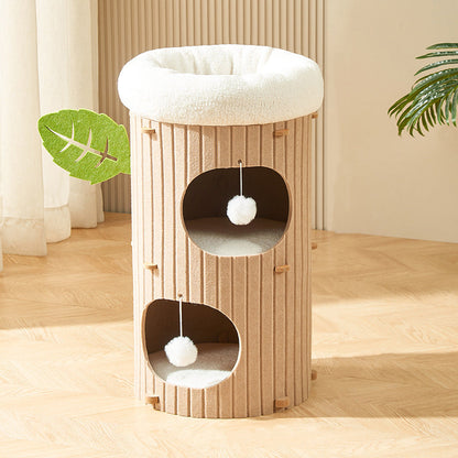 Traditional Rustic Cylindrical Tree Hole Felt Sherpa Fleece & MDF Cat Tower 2/3-Hole For Living Room