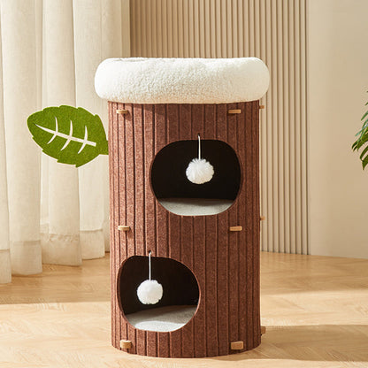 Traditional Rustic Cylindrical Tree Hole Felt Sherpa Fleece & MDF Cat Tower 2/3-Hole For Living Room