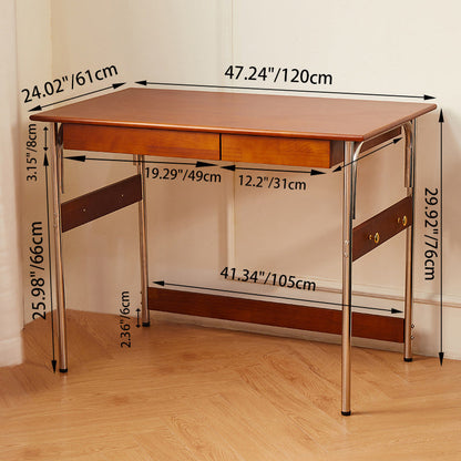 Traditional Vintage Rectangular Pine Wood Stainless Steel Desk 2-Drawer For Study
