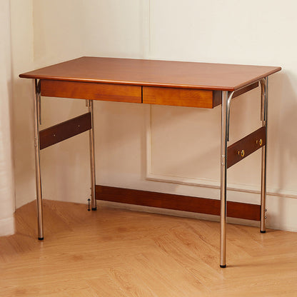 Traditional Vintage Rectangular Pine Wood Stainless Steel Desk 2-Drawer For Study