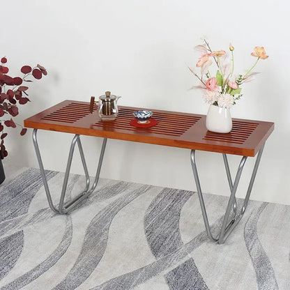 Modern Minimalist Linear Iron Wood Bench Backless Armless For Living Room & Bedroom
