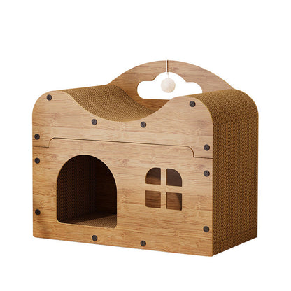 Traditional Rustic Wavy Rectangle House-Shape MDF Corrugated Paper Cat Beds 1-Cabinet For Living Room